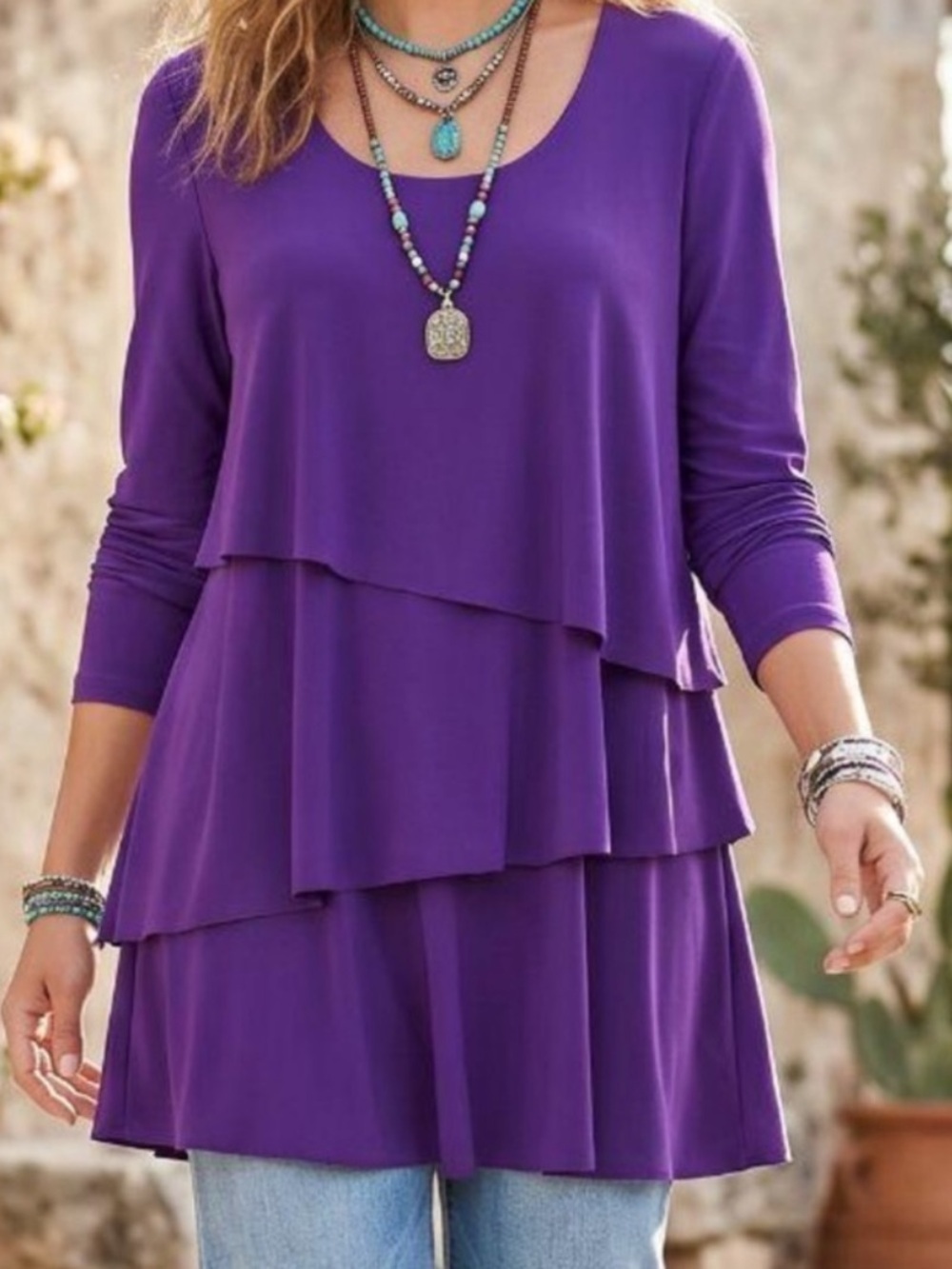 SUSAN GRAVER PURPLE TIERED TUNIC TOP SZ SM EUC